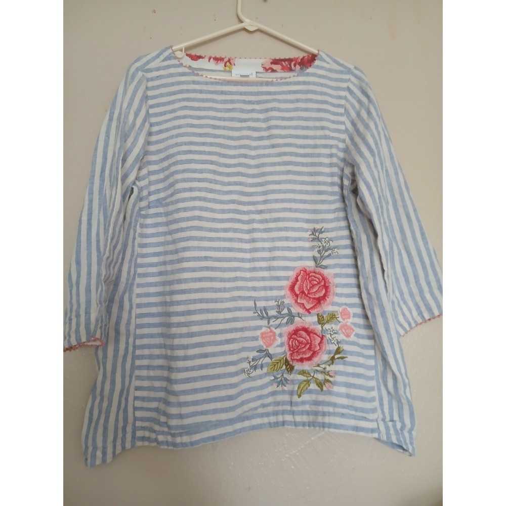 J Jill Top Medium Love Linen Embroidered Tunic Cottage Coastal Beach Bohemian